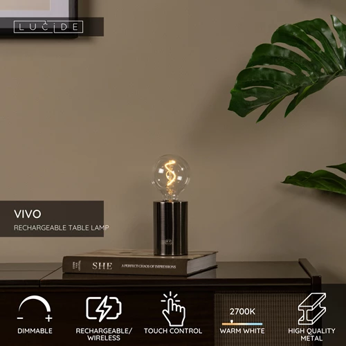 Lucide VIVO - Rechargeable Table lamp - Battery pack - Ø 8 cm - LED Dim. - E27 - 1x1W 2700K - Satin Gun Metal - USP